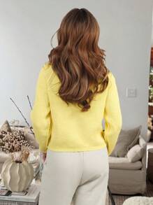 جاكيت كارديجان محبوكة بأكمام راجلان وأزرار، بياقة دائرية، بأكمام طويلة، لون أصفر زبدي، للنساء في الربيع والصيف والخريف، للاستخدام اليومي