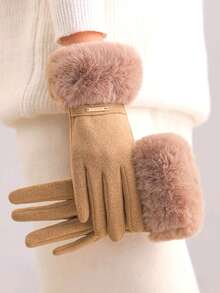 1對開指藏釦鹿皮毛絨暖手套,可觸控屏幕,女性開車時既時尚又保暖