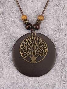 1pc Retro Bohemian Style Wooden Alloy Leaf Pendant Necklace, Fashion Halloween Holiday Gift Decoration, Unisex Jewelry, Student Souvenir Gift