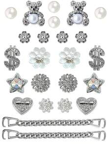 24pcs/Set Shiny Hole Shoe Charms - Teddy Bear, Pearl, Dollar Sign & Crystal Decorations, Fashionable Shoe Charm Accessories - Silver - View 7