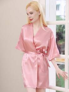 1 件女士纯色优雅系带秋冬浴袍，性感短款缎面丝绸柔软睡衣，适合新娘、伴娘、家居使用