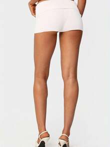 Women Summer Knit Shorts Casual Solid Color Folded Waist Short Pants For Vacation Beach Club Streetwear - 白色 - 查看 3