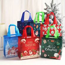 5 件随机圣诞快乐礼品袋带手柄 - 可重复使用的无纺布手提袋，适用于节日礼物、派对礼物和购物，带有圣诞老人、雪人、驯鹿和各种设计 - 9*8.7*4.3 英寸，款式和颜色随机