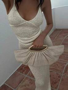 Women 2 Piece Knitted Outfit Sparkly Sequin Spaghetti Strap Crop Tops Low Rise Long Skirt For Club Party - 米色 - 查看 1