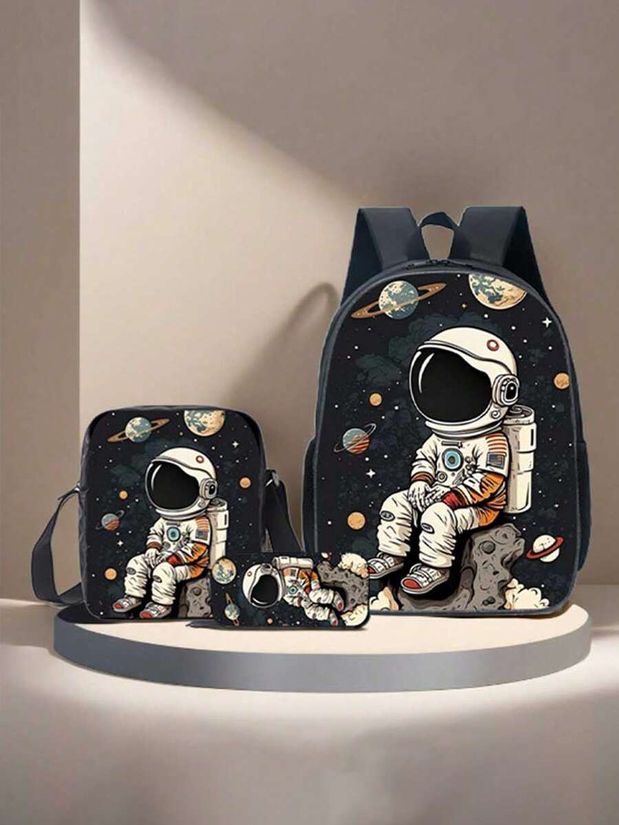 Set de 3 rucsacuri cu model de consolă Cosmonaut pentru băieți, ghiozdan casual pentru studenți din poliester, cu geantă de prânz și penar, lavabil manual, închidere cu fermoar, design cu imprimeu aleatoriu - Multicolor - Vizualizare 1
