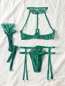 Four Piece Sexy No Take Off Lingerie, Hot And Tempting No Take Off Halloween Christmas Convenience Set - Màu xanh lá cây đậm - Xem 6