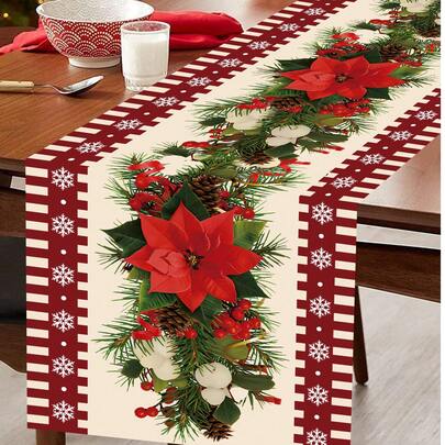 1 件雪花红色格子边框配大红色花朵图案设计涤纶圣诞桌旗，35*180 厘米，圣诞桌布桌旗装饰非常适合圣诞装饰家居、圣诞派对、圣诞派对装饰、圣诞快乐装饰 2025、圣诞节装饰假期、圣诞节用品、派对装饰用品、家庭度假
