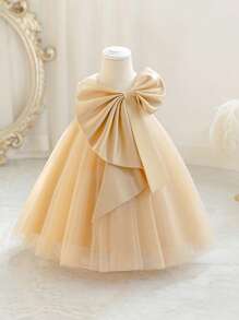 Young Girl Khaki Bow Decor Tulle Christmas Party Elegant Dress, Princess Dress, Girls Birthday Party Gift, Flower Girl Wedding Dress, Holiday Celebration
