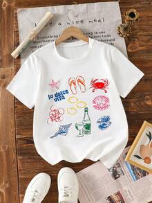 IXOEIS Women's Tops T-Shirts, Fruit Tomato Pattern, Beach Shell Pattern, Lemon Pattern Print, Vacation Tops Festival Tops, Spring Summer Clothes, Comfortable Tops. Summer Tops - White - View 3