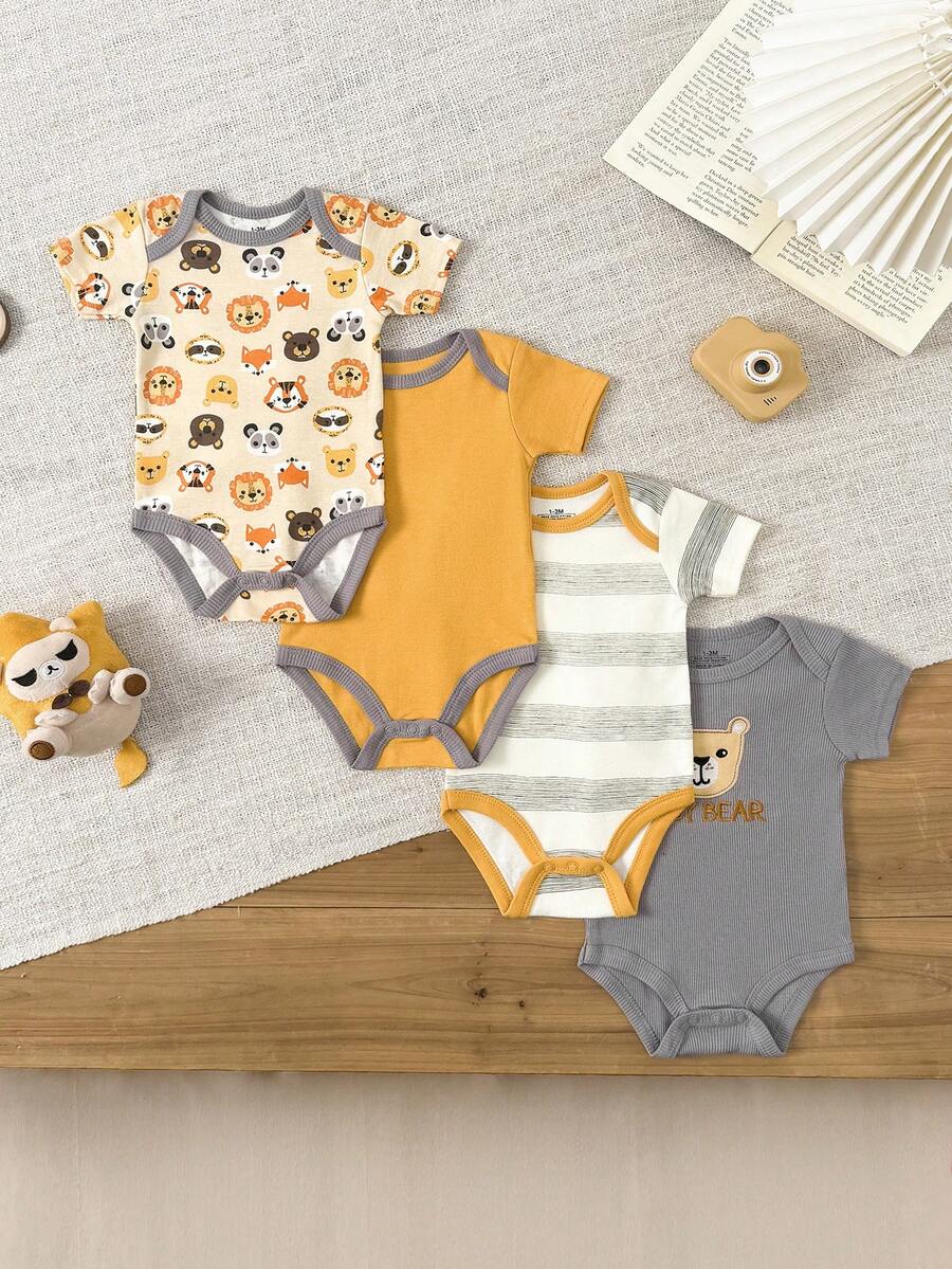 4件套婴儿男女宝宝0-12个月纯棉休闲短袖可爱卡通连体衣四季皆宜 - 彩色 - 查看 1