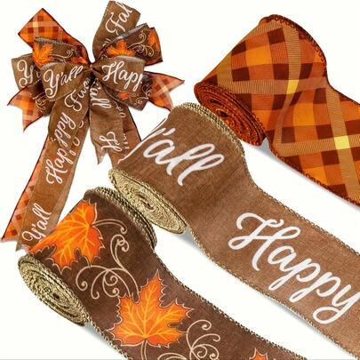 3 Rolls, 2.5inch Fall Glitter Wired Edge Ribbon Autumn Maple Leaves Plaid Ribbon Thanksgiving Fabric Ribbon For Wreath Bow Making DIY Craft Wrapping Fall Decor Halloween Autumn Decor