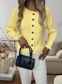 جاكيت كارديجان محبوكة بأكمام راجلان وأزرار، بياقة دائرية، بأكمام طويلة، لون أصفر زبدي، للنساء في الربيع والصيف والخريف، للاستخدام اليومي