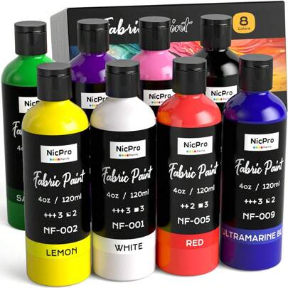 Nicpro 8 Colors Permanent Fabric Paint (4 Oz, 120 Ml) Soft Fabric Paint For Clothes,  Textile Paint For Fabric DIY Crafts, T-Shirts, Shoes Jeans Bags Canvas For Kid Adult With Color Wheel