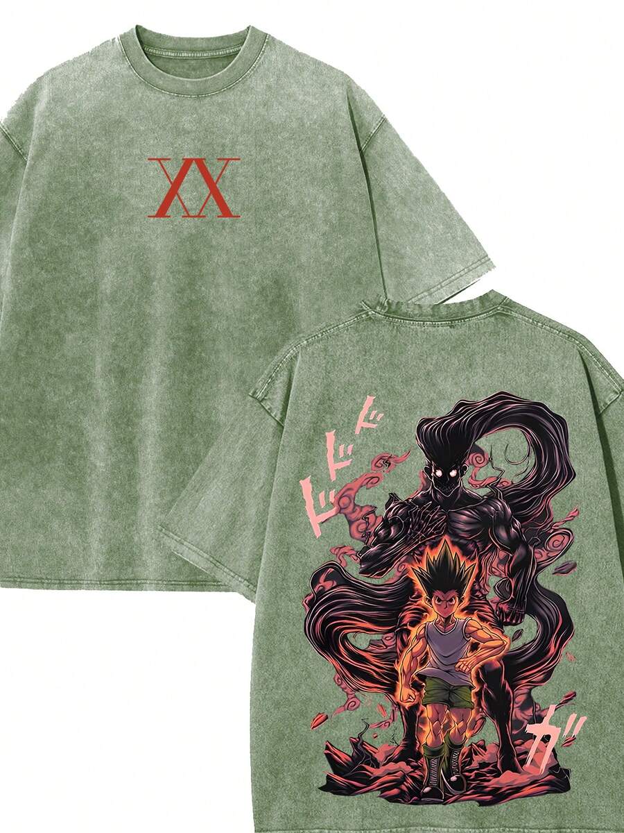 230g Double-Sided Washable, Gift Printed T-Shirt For Anime Fans And Enthusiasts, High-Quality Wax Printed Cotton Retro Fashion Brand T-Shirt, Men's T-Shirt, Beach Essential, Summer T-Shirt, Holiday Gift, Perfect Gift - 軍綠色 - 查看 1