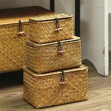 1 件手工编织海草储物篮（带盖），方形手工编织海草收纳盒，家居装饰，家用实用储物容器，适用于办公用品 - 天然海草材质，独特的礼物之选