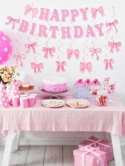 Pink/Black Bow Party Banner Set - Paper Garland Decorations For Wedding, Bridal Shower, Birthday, Bachelorette; Includes Butterfly-Themed Birthday Party Hanging Swirls - Multipurpose Kit(Autumn Decoration, Christmas Decoration, Halloween Decoration, Back To School Decoration)