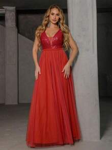 Long Party Dress For Bridesmaid, Wedding, Graduation, Elegant Plain Tulle With Sequined Bodice - 亮橙色 - 查看 1