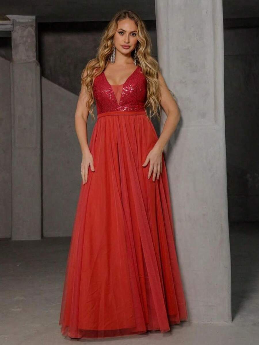Long Party Dress For Bridesmaid, Wedding, Graduation, Elegant Plain Tulle With Sequined Bodice - 亮橙色 - 查看 1