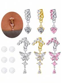 2Pcs Fake Belly Button Piercing For Women Dangle Butterfly Heart Clip On Belly Button Rings Silver Gold Pink Fake Belly Button Rings Non Piercing Belly Rings Stainless Steel Faux Navel Jewelry