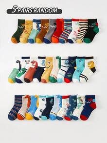 20/10/5 Pares de calcetines cortos para niños, transpirables, suaves y cómodos, mezcla de algodón, calcetines de tripulación con lindos patrones de dinosaurios/rayas/letras, adecuados para volver al colegio, festivales, deportes al aire libre, viajes y uso diario, colores y estilos surtidos - Multicolor - Ver 9