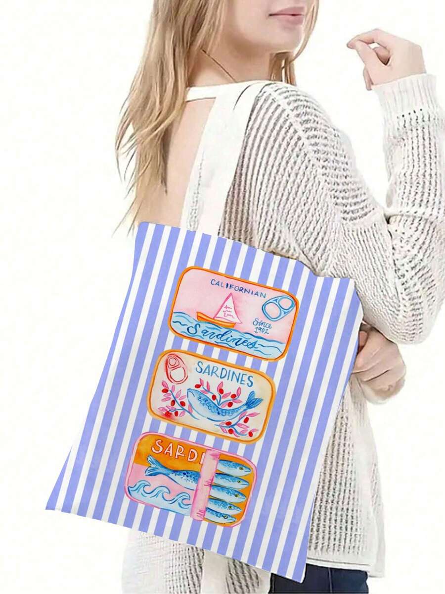 1 Túi vải Canvas bền chắc họa tiết cá mòi, Túi mua sắm họa tiết hai mặt, Thích hợp làm quà tặng cho bạn bè, Quay lại trường học - Nhiều màu - Xem 1