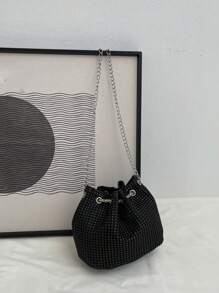 1 件时尚纯色链条带迷你水桶斜挎包，银色水钻优雅宴会风格闪亮珍珠金属链轻质抽绳水桶斜挎包，适合女性晚会、日常场合、夜总会、购物、化妆品收纳、时尚单品 - 黑色 - 查看 4