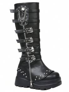 Women Wedge Punk Mid Calf Boots Ladies Shoes Platform Knee High Goth Boots With Chain Zipper Buckle Decor Chunky Heel Combat Boots ALL Season Outdoor Footwear - 黑色 - 查看 6