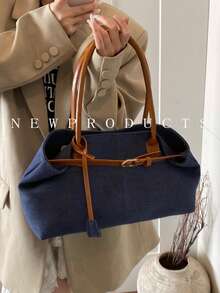 1 pieza Bolso de mano de mezclilla con efecto lavado, bolso de hombro con decoración de correa, cierre magnético - Azul lavado oscuro - Ver 9