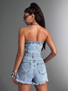 Jeanoix 做旧细节和水洗效果露肩牛仔连体衣 - 淺色水洗藍 - 查看 2