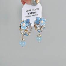 New Chinese Style Ancient Light Luxury Blue  Pearl Geometric Flower Bowknot Earrings Sweet Exquisite Fresh Ear Jewelry - Hoa tai hình cầu zircon xanh - Xem 4