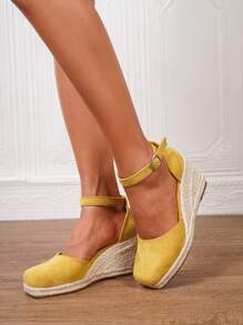 Damen Keilabsatz Sandalen, Sommer Urlaub Slip-On Runde Zehenkappe 8cm Absatz Knöchelriemen Schuhe, Komfortable geflochtene Stroh Cut Out Plateau Sandalen