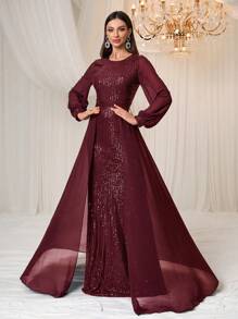 Elisanya Damen formales, elegantes und luxuriöses Chiffonkleid mit Pailletten und Langarm für Bankette