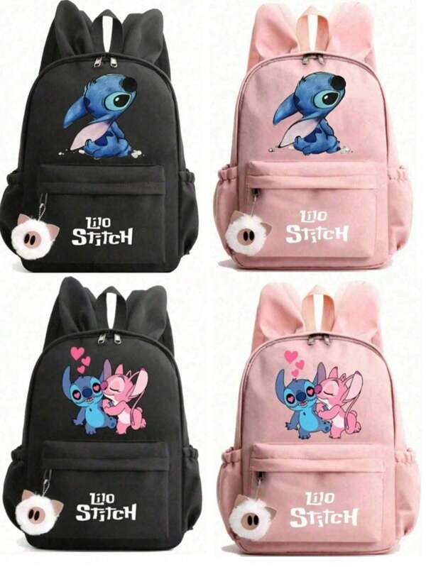 Disney Sac à dos Disney mignon avec motif de dessin animé Stitch et oreilles de lapin. Sac décontracté à la mode pour femmes, sac de rangement de voyage, sac à maquillage, sac cosmétique, organisateur de vacances, organisateur de maquillage grande capacité, étui à maquillage