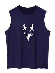 Men's Simple Print Crew Neck Sleeveless Tank Top, Summer - Navy Blue - View 1