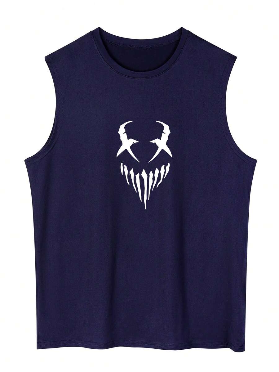 Men's Simple Print Crew Neck Sleeveless Tank Top, Summer - Navy Blue - View 1