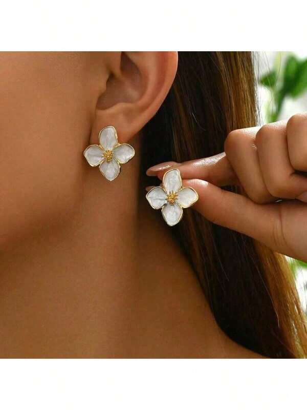 1 Pair Fashionable Hibiscus French Retro Hong Kong Style Glazed Red Flower Stud Earrings, Versatile Floral Earring Accessories