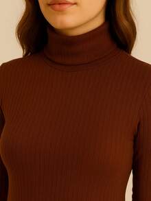 Cacharrel Women's Blouse, High Neck, Long Sleeve, Premium Ribbed, Simple, Knitted, Office - Rỉ Nâu - Xem 2