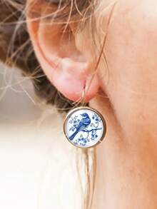 suteyi 1件鸟形圆形耳环，铜质首饰 - 藍色 - 查看 2