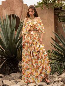 Faeriesty BohoBloom Bohemian Style Women's 2-Piece Set, Off-Shoulder Ruffle Blouse Paired With A-Line Skirt - Ideal For Casual Park Strolls, Weekend Country Getaways, Beach Walks, Picnics, And Leisure Outings With Friends - Orange - View 8