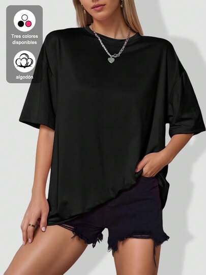 Camiseta de cuello redondo y manga corta en color liso, Camisas casuales de mujer