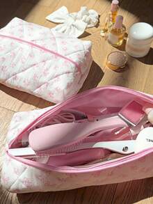 Bow Pattern Pink And Cute Quilted Makeup Bag,Hair Tool Pouch Organizer Bag,Large Capacity Travel Floral Cosmetic Bag Cute Pouch, Makeup Brushes Storage Bag For Women Autumn University Essentials Travel Essentials Holiday Vacation Travel Bag For Women Makeup Organizer Make Up Bag - Pink - View 10