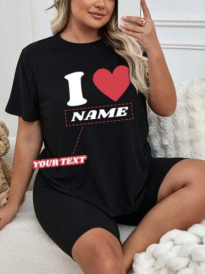Customized Product - Plus Size Women's Round Neck Printed Love Loungewear For Outdoor Wear, Pajamas