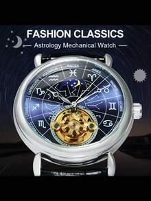 T-WINNER 1 pieza Reloj mecánico automático de moda con diseño luminoso del zodíaco chino para hombres, reloj de esqueleto de tourbillón, relojes de lujo de marca superior para hombres, regalo con caja - Azul - Ver 4
