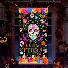 Pancarta plana 2D, 1 pieza, 70,87 x 35,43 pulgadas, Bandera decorativa del Día de Muertos mexicano, calavera colorida y bandera floral para decoración interior y exterior, ideal para porche, patio, garaje y decoración del hogar