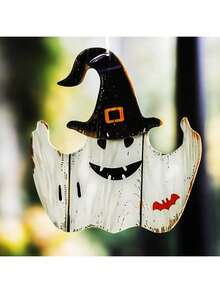 1 件万圣节木制鬼魂墙饰 - 女巫帽设计，带蝙蝠装饰，节日挂饰，适用于家庭、派对、门廊装饰