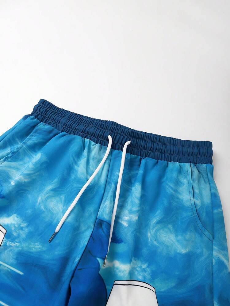 1 Set Men's Casual Abstract Print Shirt & Shorts Suit, Summer - Blue - View 4