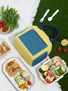 1 pieza Bolsa de almuerzo con capacidad grande y bloques de color para estudiantes - Diseño de tela Oxford portátil, revestimiento de aluminio grueso, fácil de llevar, mantiene la comida caliente y fría, adecuado para viajes al aire libre, estilos masculinos y femeninos, sin contacto con los alimentos, bolsa de almuerzo aislada, esencial para volver a la escuela