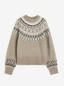 Women's Autumn/Winter New Vintage Elegant Casual Sweater, Geometric Retro Pattern Drop Shoulder Sweater, Suitable For Work/Office Casual Wear, Bohemian Geometric Retro Pattern, A Must-Have Fashion Item For Autumn/Winter Outerwear - Khaki - View 11