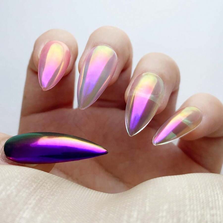 Unicorn Chrome Nail Powder, Aurora Unichrome Mermaid Aurora Pigment Pearlescent Nail Art Glitter Dust Decoration For Home DIY Salon Manicure - Cyber Mirage,7118441 - Màu tím - Xem 1