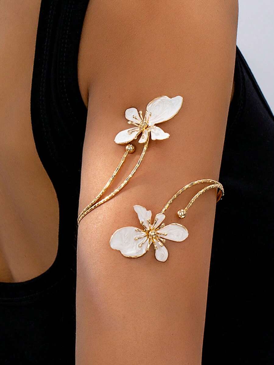 1pc Iron Alloy Double-Head Enamel Glaze Floral Openable Bangle, Simple Elegant Fashion Elegant, Suitable For Mother's Day Gift, Party & Everyday Wear